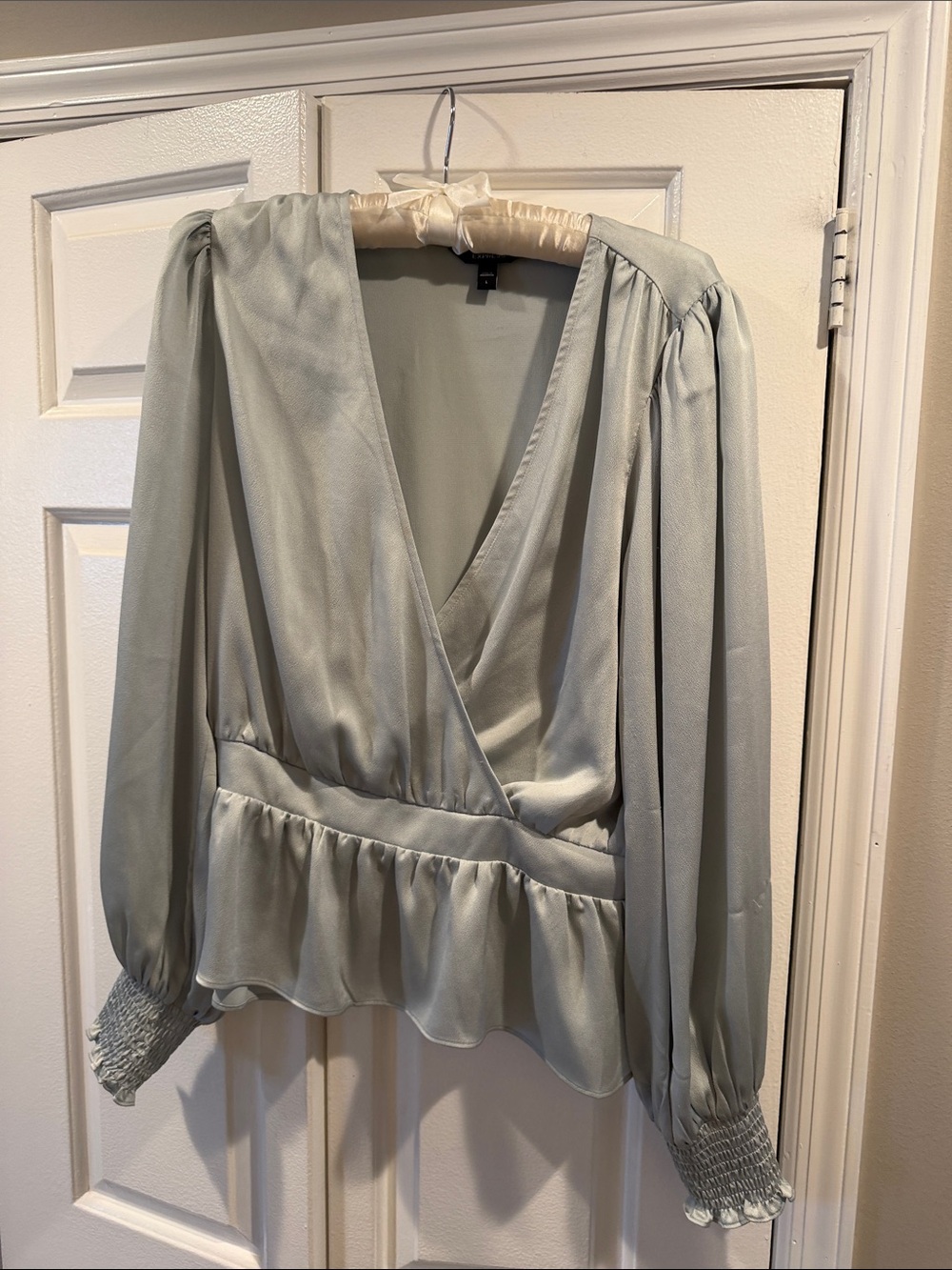 Express Sage Green Satin Wrap Blouse with Peplum